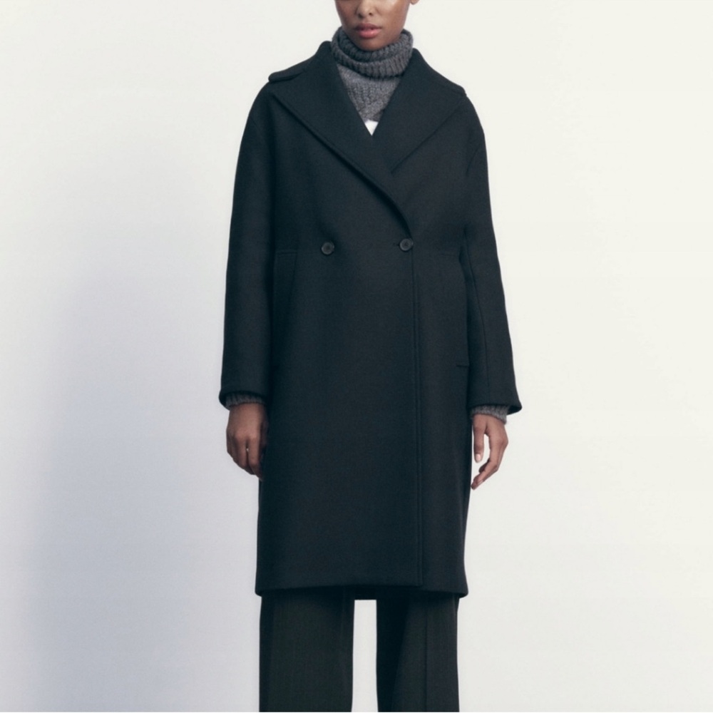 ZARA Italian Wool Blend Black Oversized Coat size XS